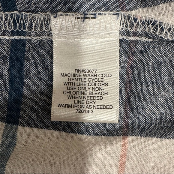 Liz‎ Claiborne Plaid Linen Blend Blouse | M Blue White Tunic Sleeve Tie - Picture 10 of 10